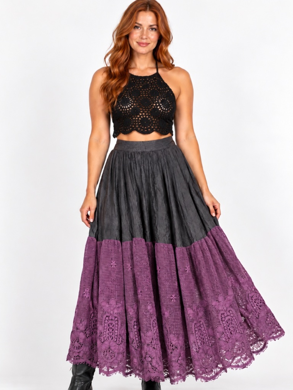 Bonnie Strauss Vintage Black & Purple Crochet-Hem Whimsigoth Romantic Maxi Skirt